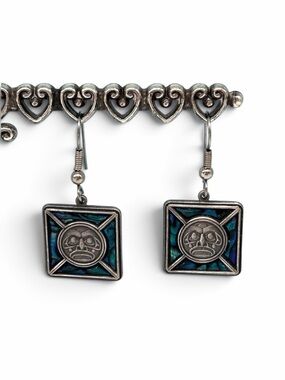 Vintage Signed Duri Square Pewter Abalon Tribal Motif Face Dangle Drop Earrings